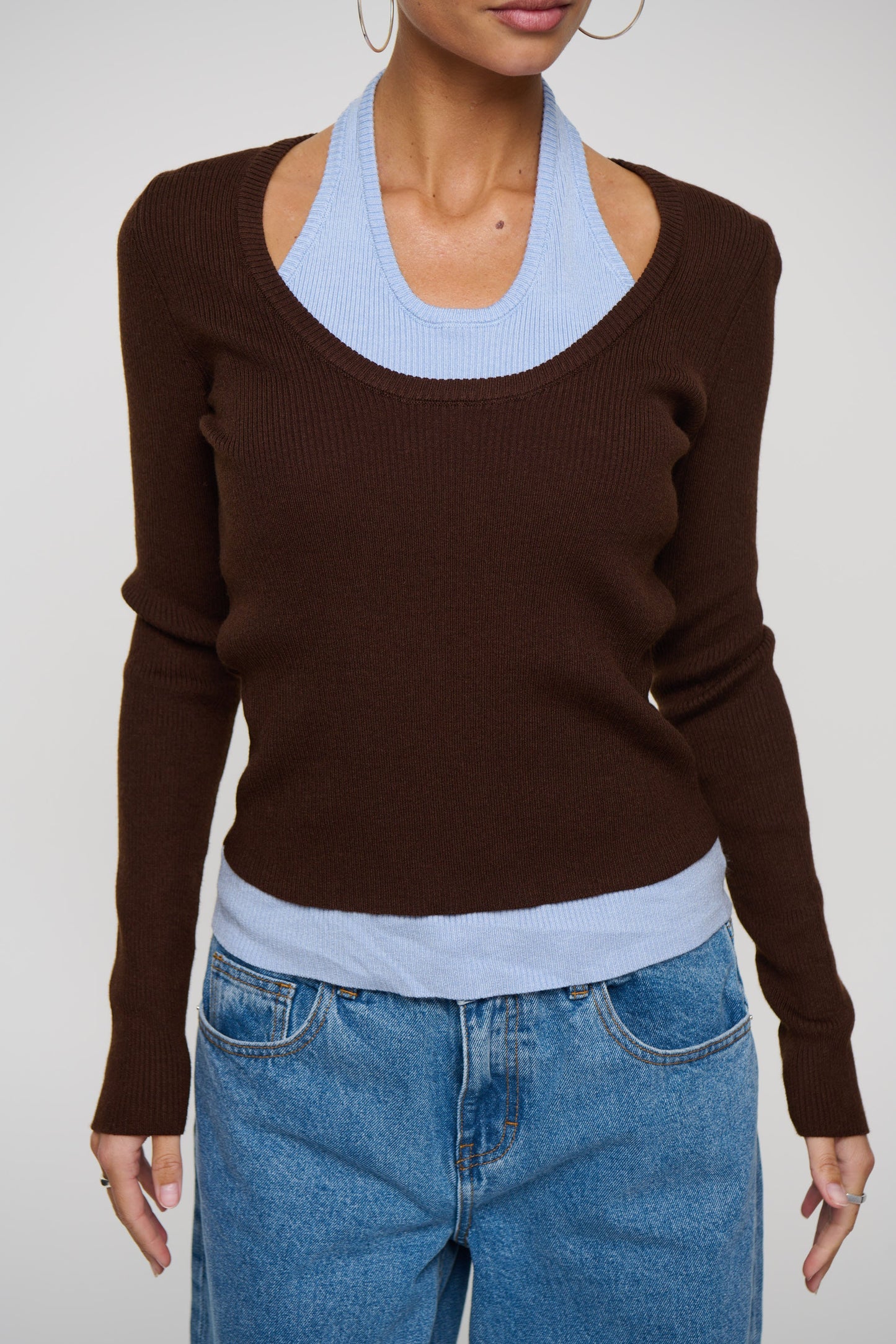 Lorena Layered Ribbed Top Chocolate/Sky