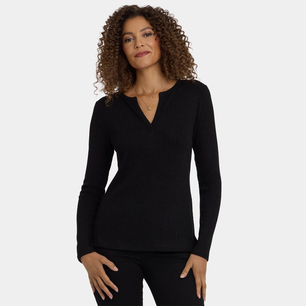Shimmer Rib Knit Henley Top - Black
