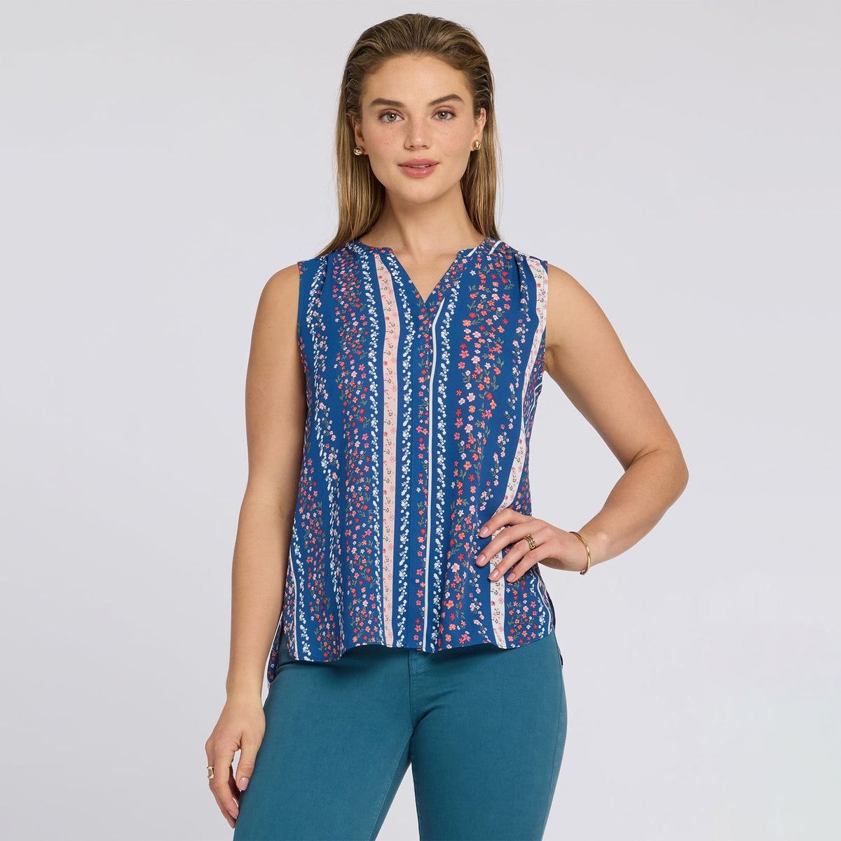 Sleeveless Pintuck Blouse - Floral Ribbons