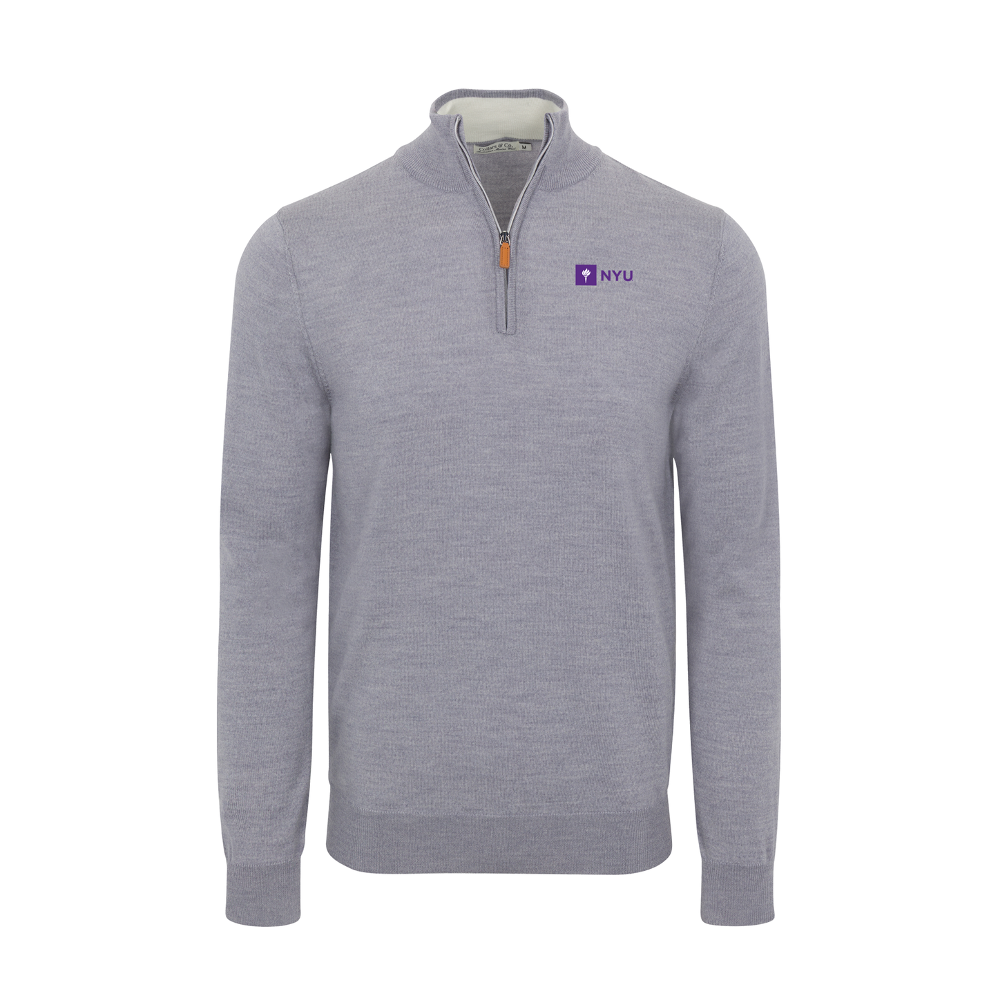 New York University Grey Melange Cashmere Touch Australian Merino Quarter Zip Sweater