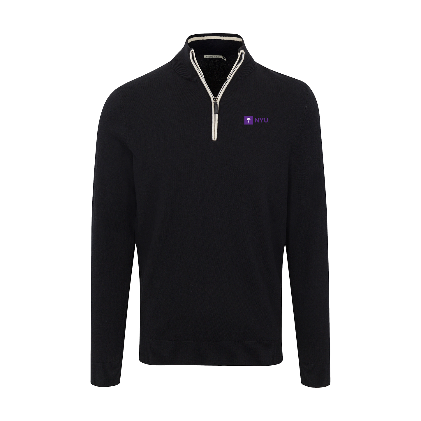 New York University Black with White Trim Luxury Touch Cotton and Cashmere Quarter Zip Sweater