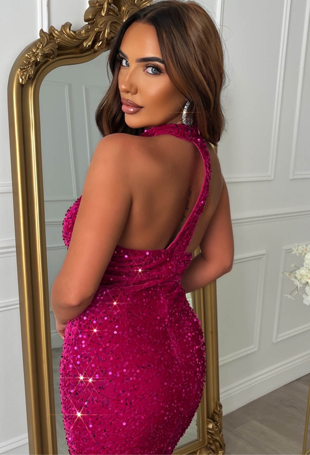 Glitzy Glamour Fuchsia Halterneck Sequin Dress