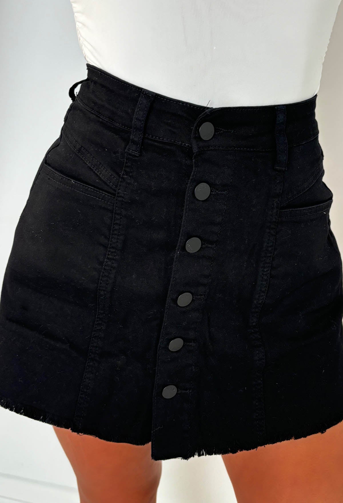 I'm That Girl Black Denim Button Front Stretch Skort