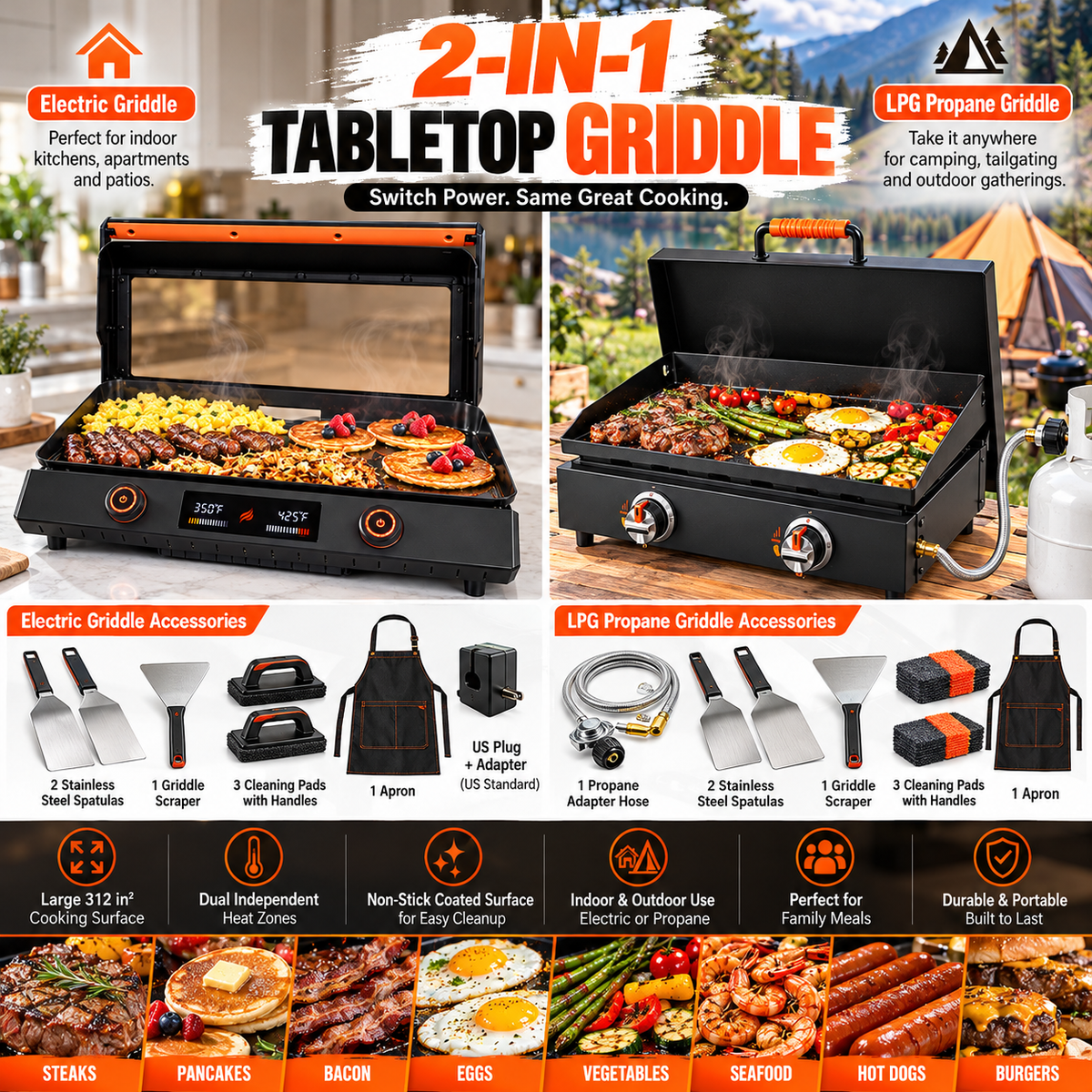 22" Portable Flat Top Griddle Grill | Indoor Electric or Outdoor Propane Tabletop Griddle for Camping & Home Cooking