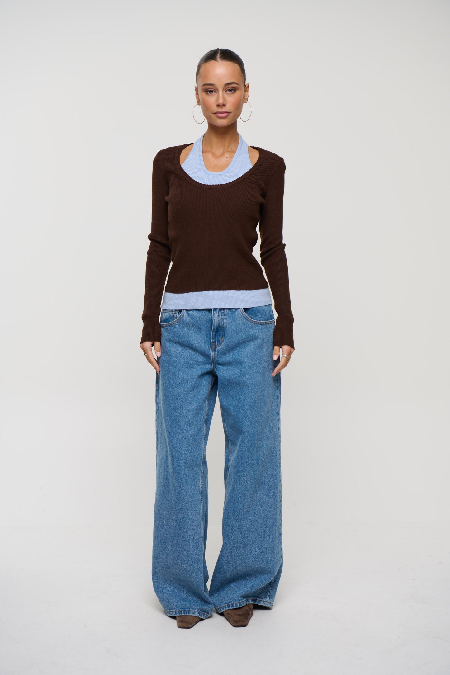 Lorena Layered Ribbed Top Chocolate/Sky