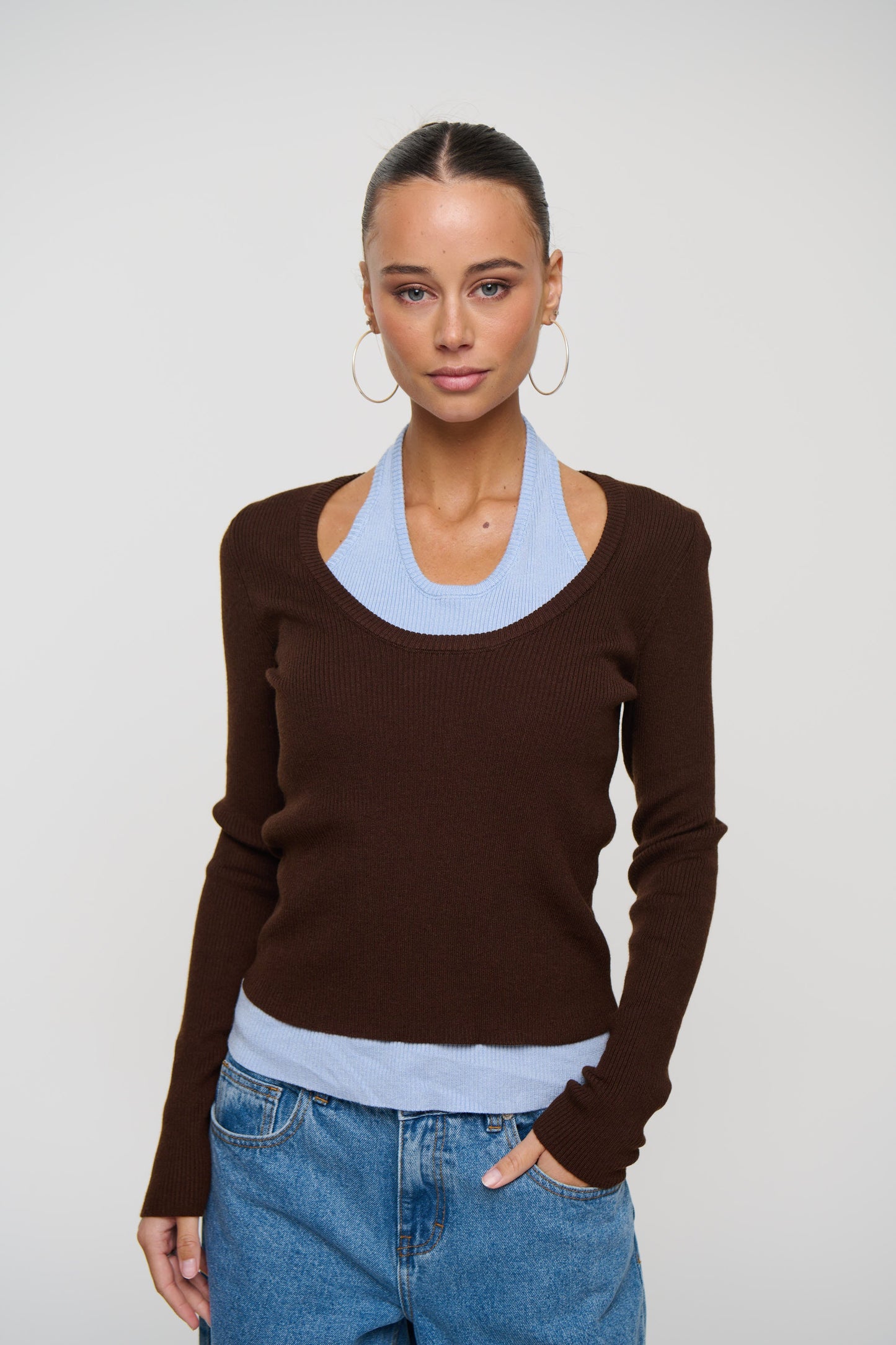 Lorena Layered Ribbed Top Chocolate/Sky