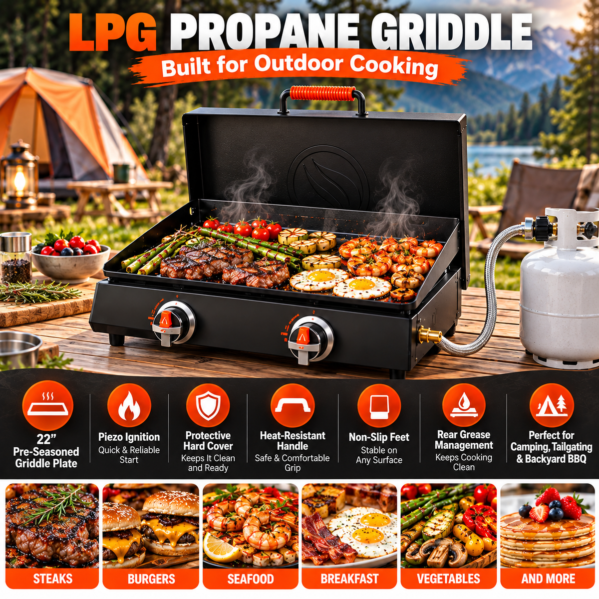 22" Portable Flat Top Griddle Grill | Indoor Electric or Outdoor Propane Tabletop Griddle for Camping & Home Cooking
