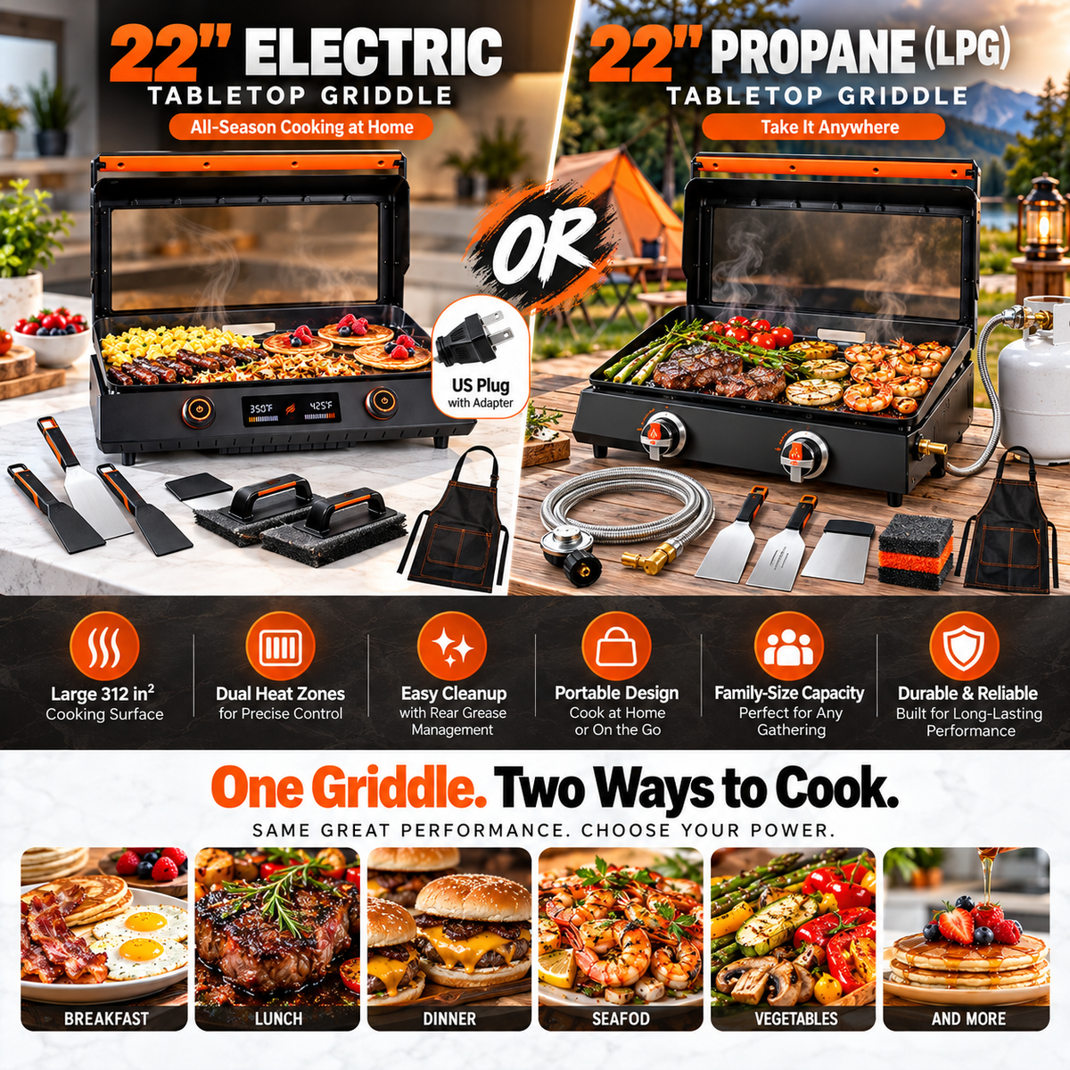 22" Portable Flat Top Griddle Grill | Indoor Electric or Outdoor Propane Tabletop Griddle for Camping & Home Cooking