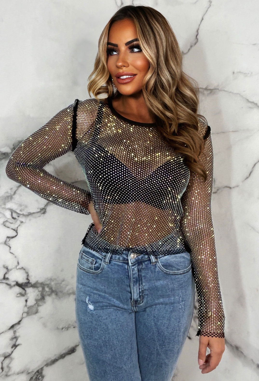 Flawless Diamond Black Diamante Long Sleeve Top