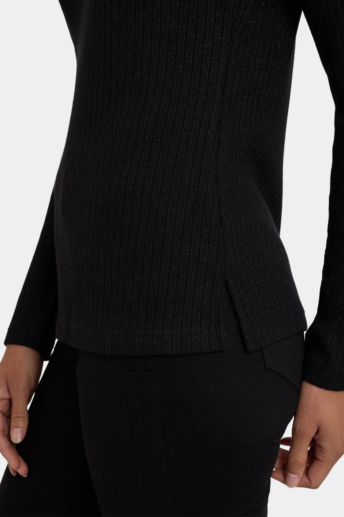 Shimmer Rib Knit Henley Top - Black