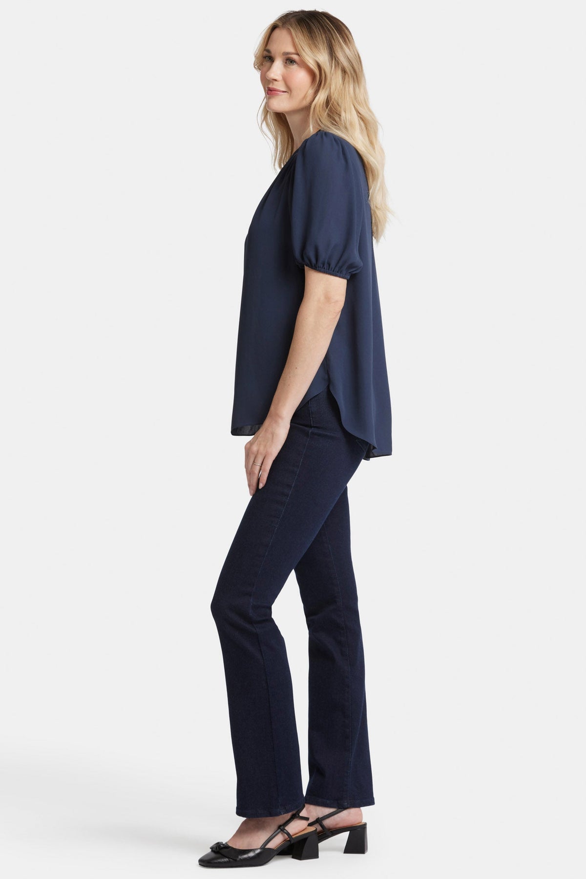 Short Puff Sleeve Popover Top - Oxford Navy