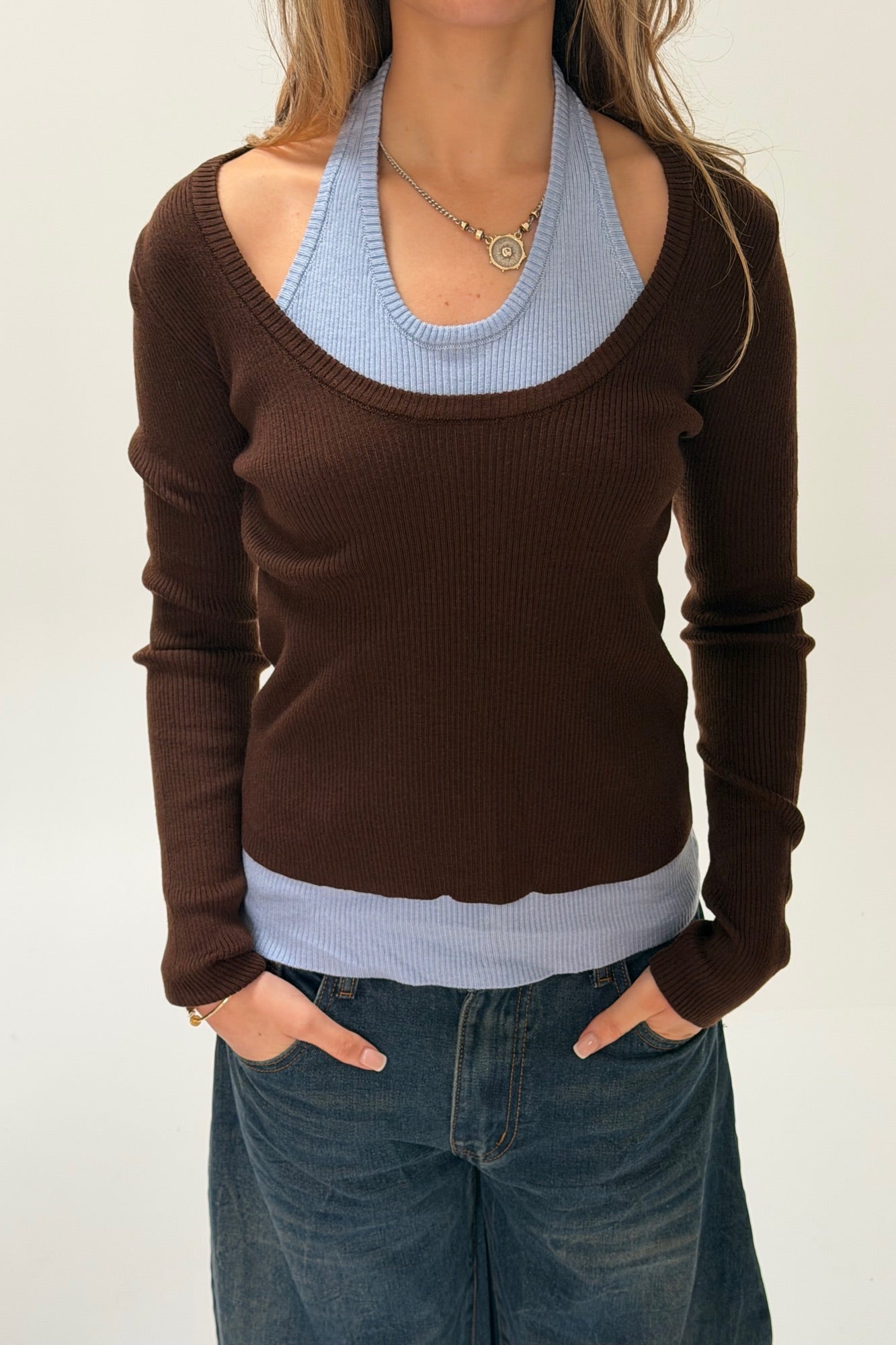 Lorena Layered Ribbed Top Chocolate/Sky