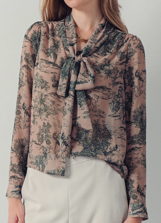 Proper Toile Bow Blouse (Taupe/Green)