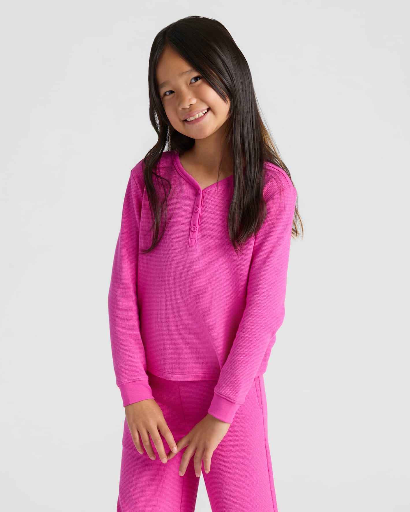 Girls Electric Fuchsia Long Sleeve Boxy Waffle Henley