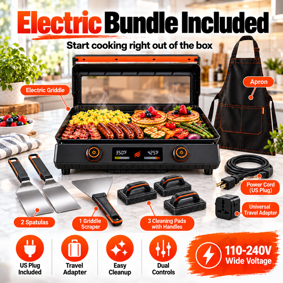 22" Portable Flat Top Griddle Grill | Indoor Electric or Outdoor Propane Tabletop Griddle for Camping & Home Cooking