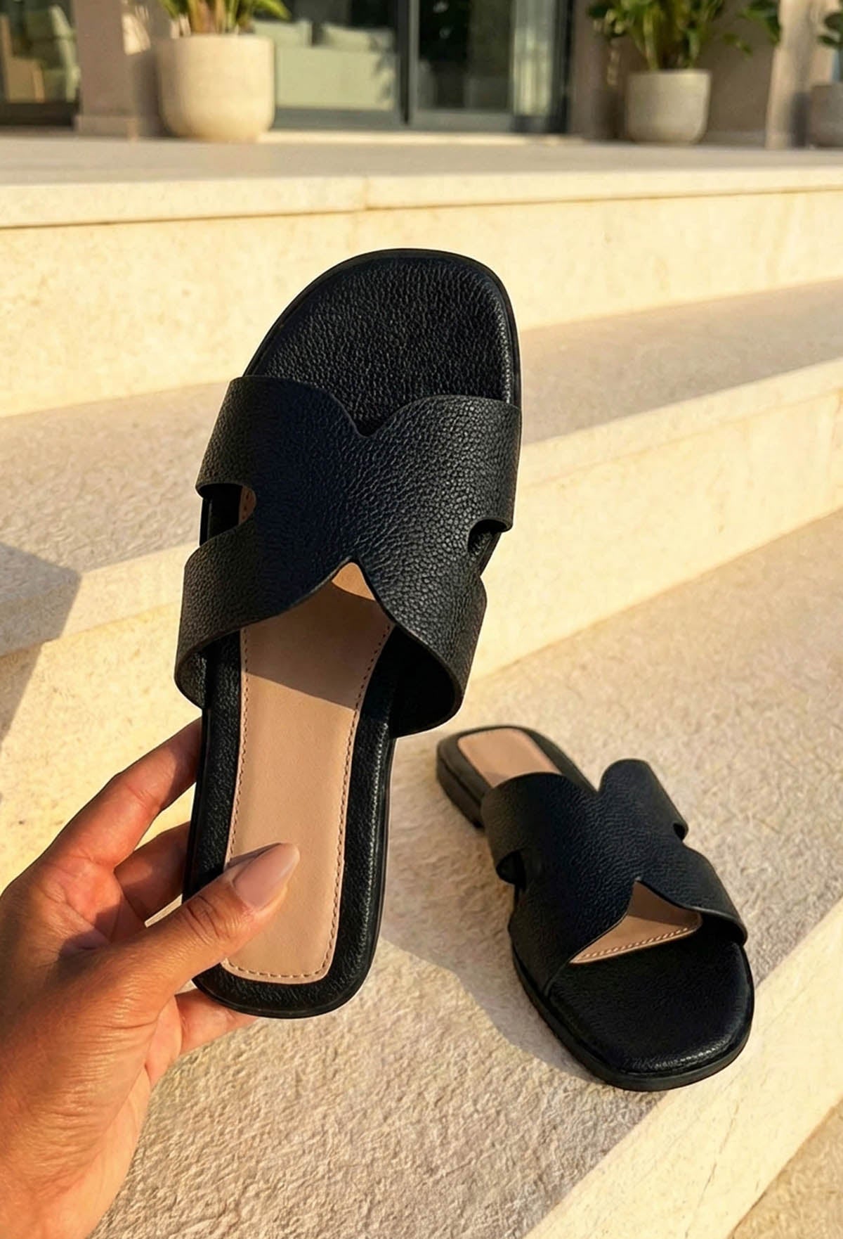 Forever You Black Faux Leather Sliders
