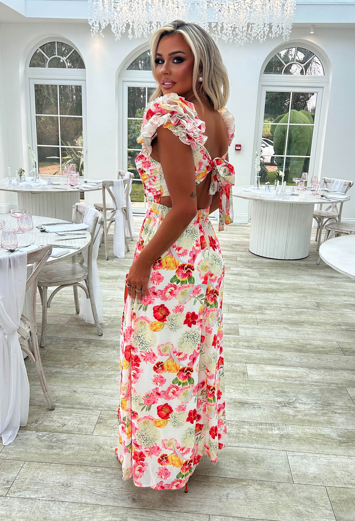 Frill Fantasy Pink Frill Shoulder Floral Maxi Dress