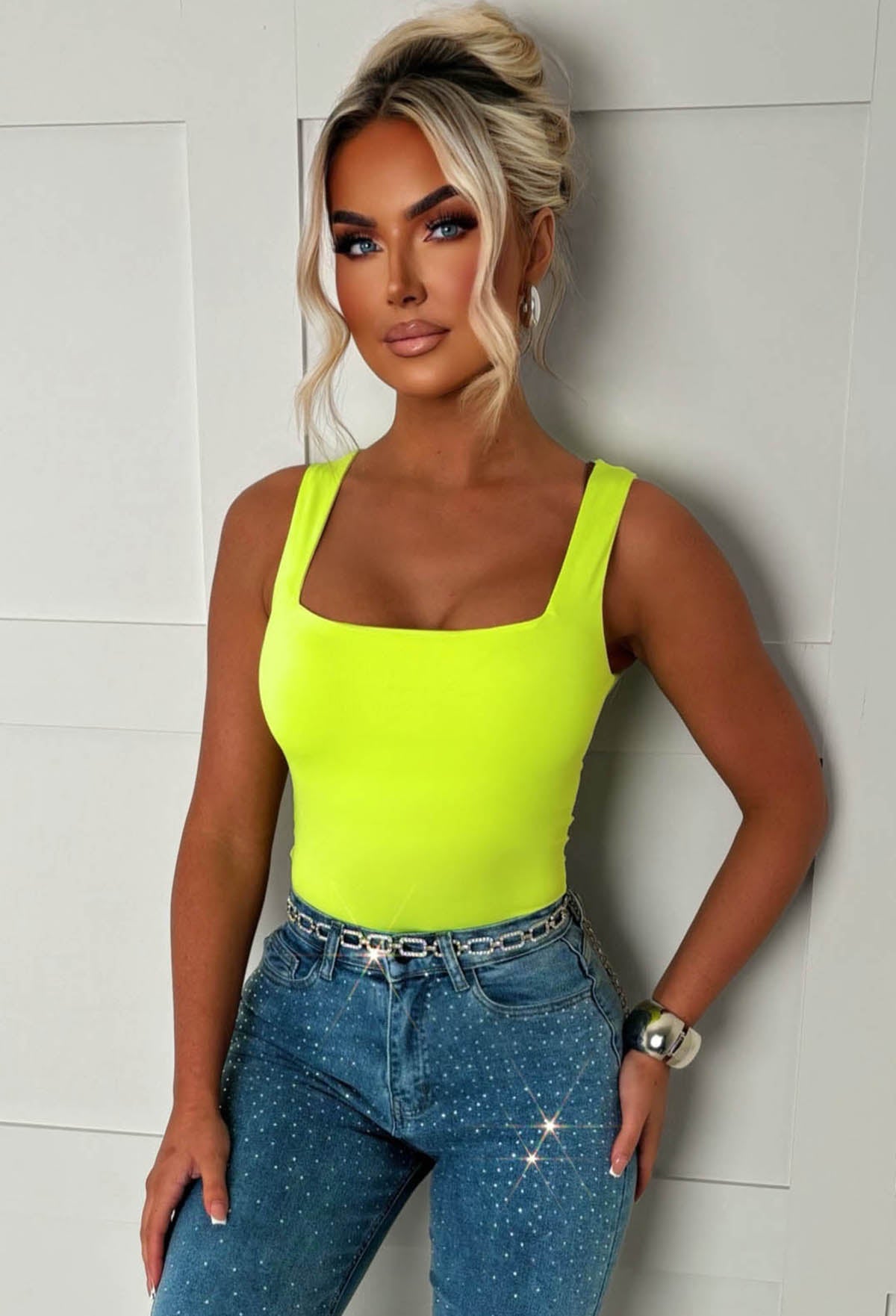 Girl Crush Neon Yellow Square Neck Sleeveless Bodysuit