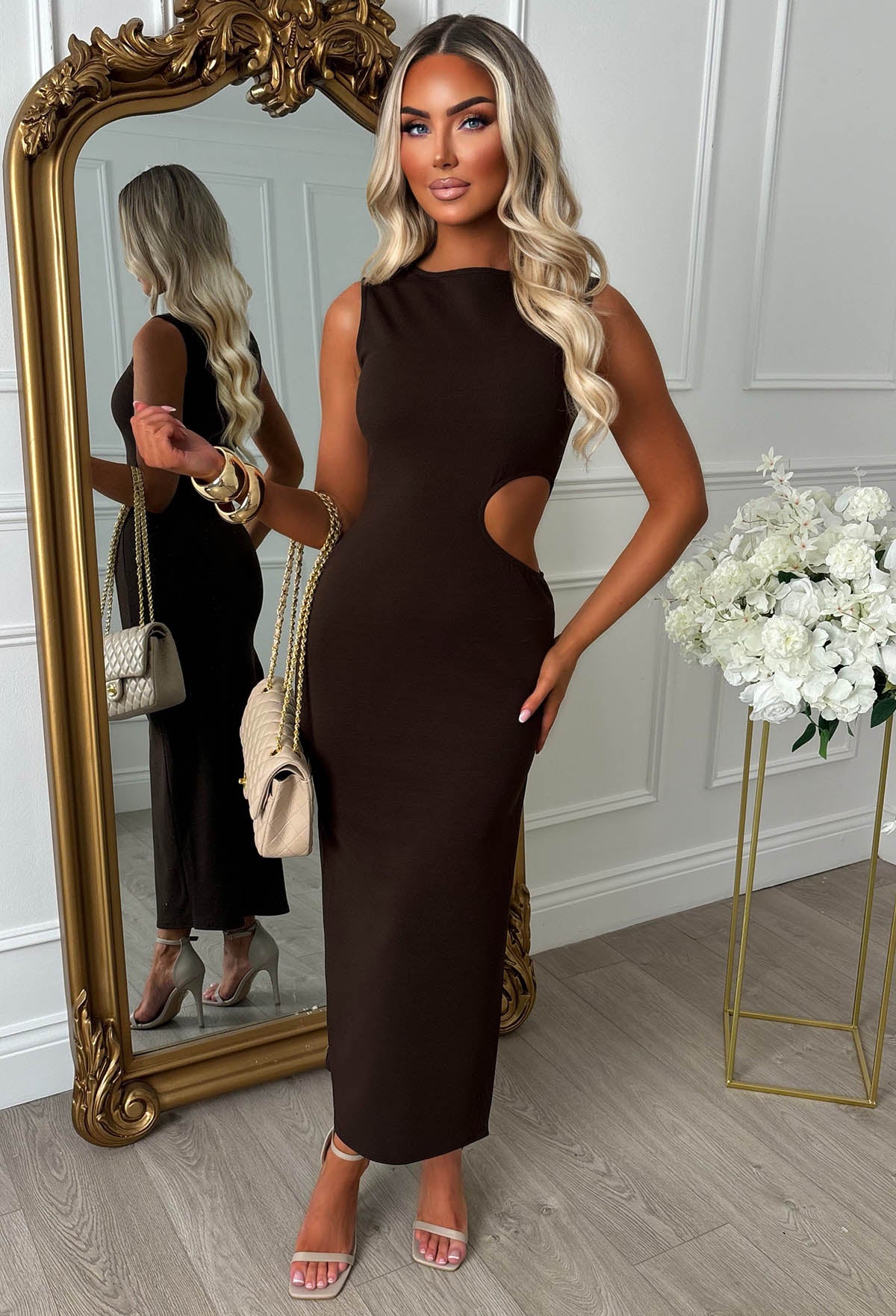 High Society Honey Brown Cut Out Maxi Dress
