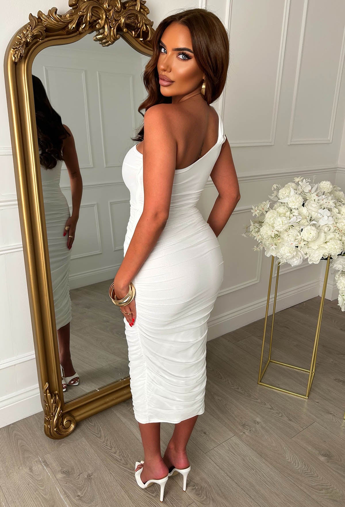 Kenzie White One Shoulder Mesh Ruched Dress